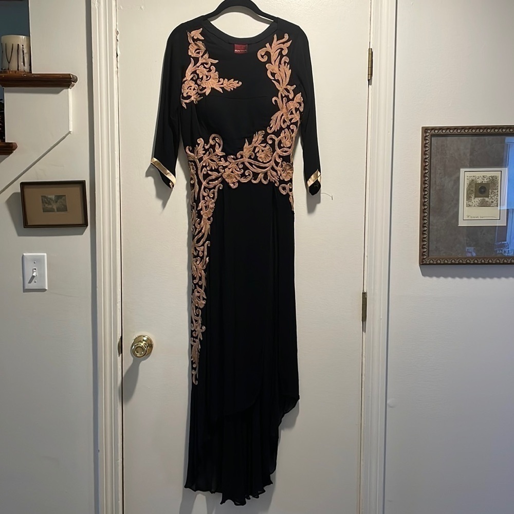 𝅺Rhythm Tan Appliqué Black Asymmetrical Dipped Side Half Sheer Dress Nightdress
